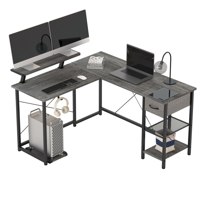 Ivanno L-Shaped Metal Base Computer Desk, Gray/Black