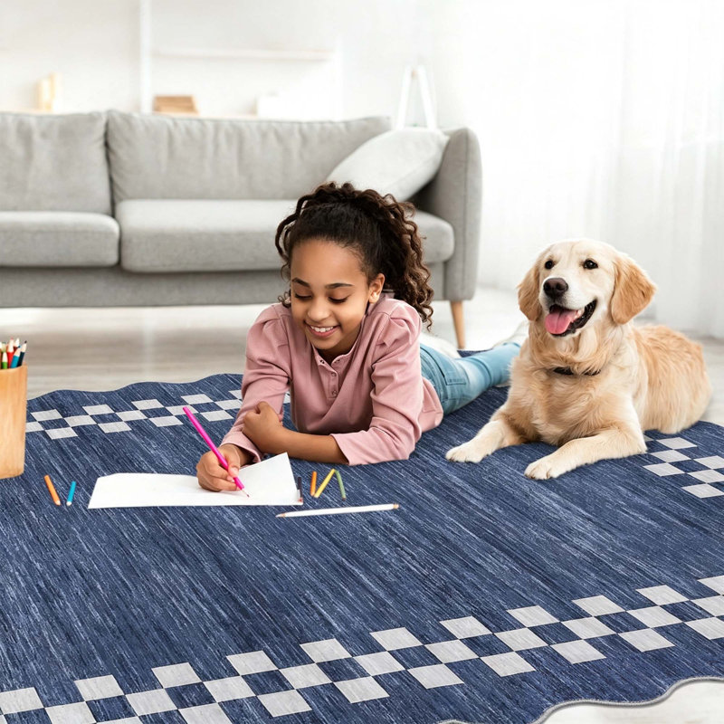 Tapis festonné lavable avec envers antidérapant, Bleu, 10 x 13 pi
