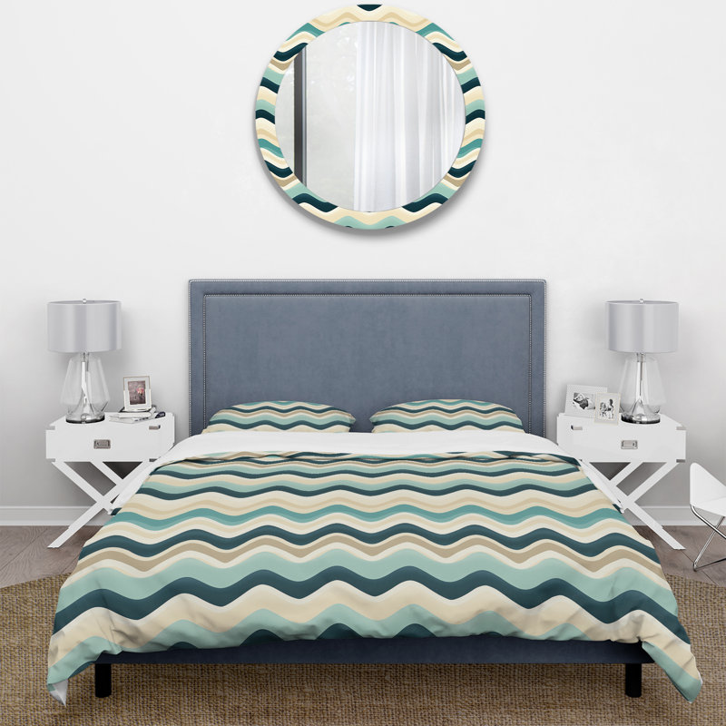 Literie à chevrons beige et bleu, Housse de couette pour très grand lit et 2 très