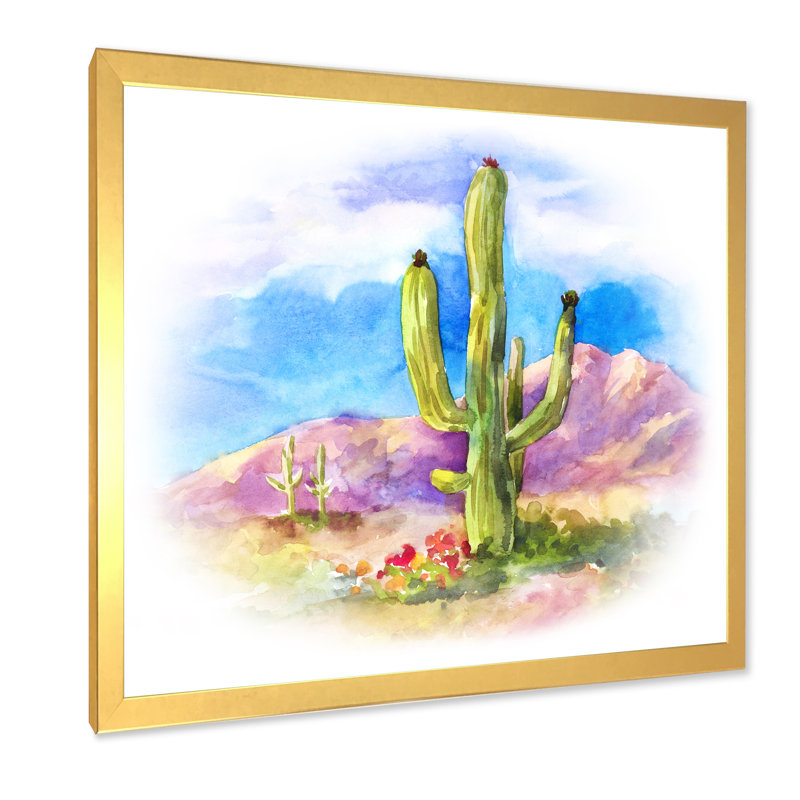 Cactus carnegiea dans le dessert - on, Impression dorée sur toile encadrée, H 36 po x l 36 po x P 1,5 po