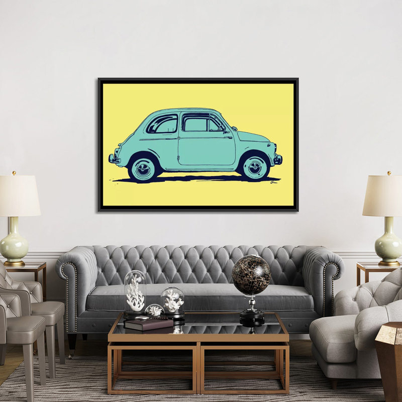 Fiat 500, peinture sur toile tendue, H 40 po x l 60 po x P 1,5 po, Toile avec cadre noir, Pas de tapis