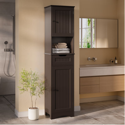 Freestanding Bathroom Storage, Tall Linen Cabinet with 2 Door and 1 Drawer, Adjustable Shelves, Brown