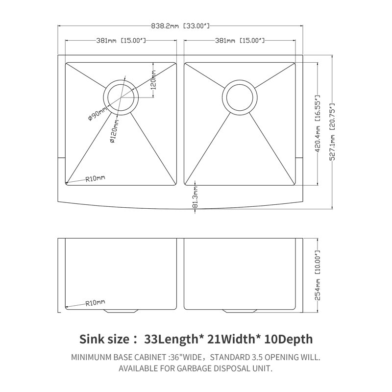 Double Bowl  Farmhouse Sink - 33" X 21" X 10" Stainless Steel Apron Front Kitchen Sink 16 Gauge With Two 10" Deep Basin