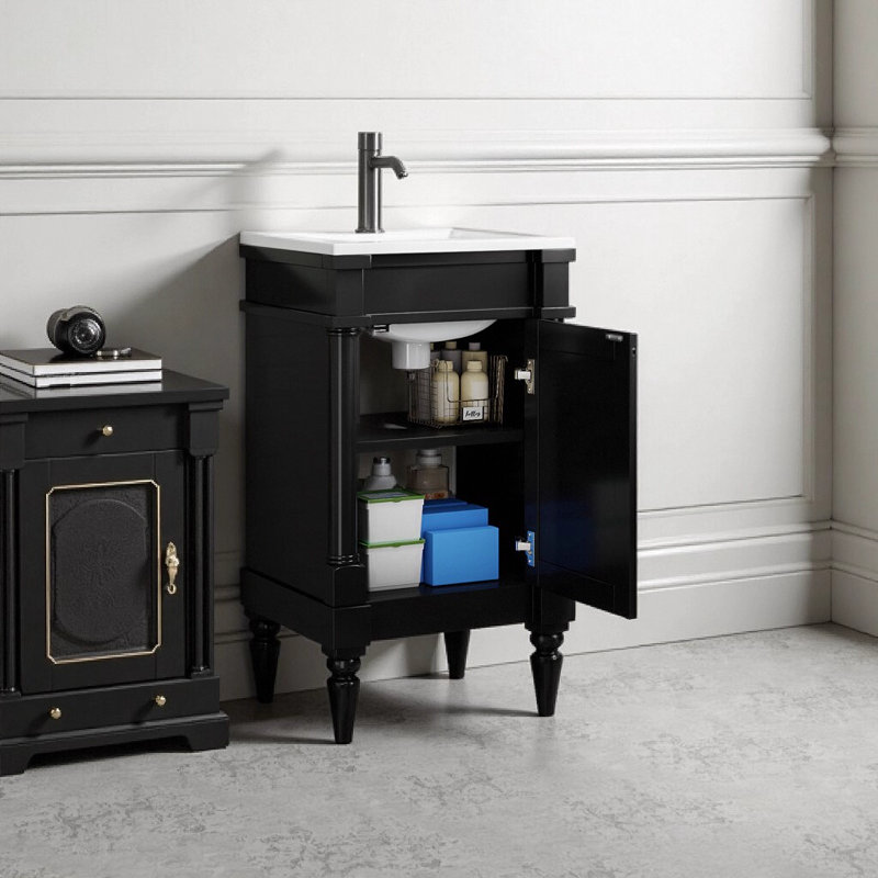 Meuble-lavabo moderne de 18 pouces avec lavabo, armoire de rangement autoportante rétro avec tablette réglable, meuble de salle de bain noir peu encombrant pour petits espaces