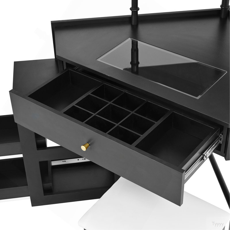 Corner Vanity Desk Set With Storage Cushioned Stool And Charging Station, Triangle Makeup Desk With Removable Pull-Out Side Cabinet, Glass Tabletop Makeup Vanity Desk With Drawer And Shelf, Black