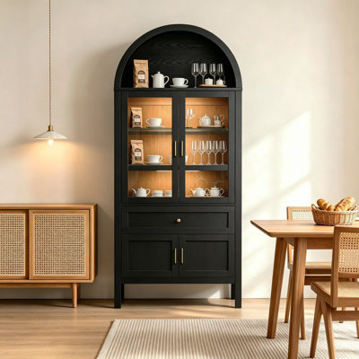 71'' Tall Arched China Cabinet with Wireless Smart Lights, Adjustable Shelves, Tempered Glass Doors, Drawer, Kitchen Pantry Cabinet