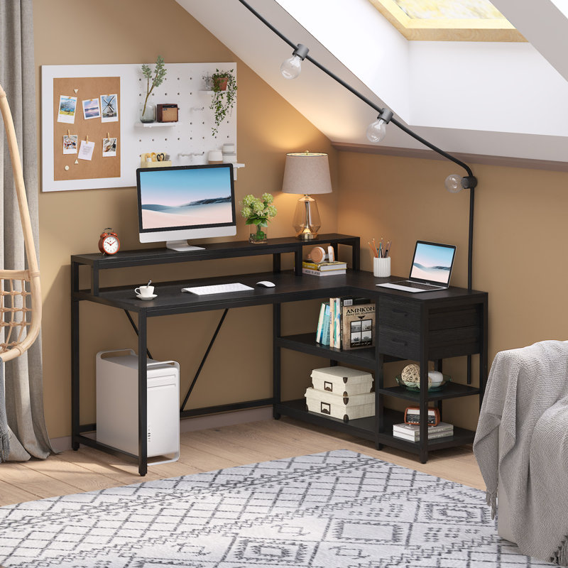 Bureau d'ordinateur en forme de L réversible avec support pour écran, Noir