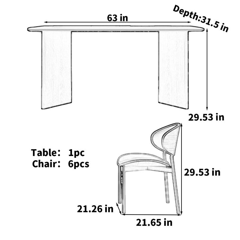 Table de salle à manger moderne avec pieds en bois massif, H 29,53 po x L 63 po x l 31,5 po