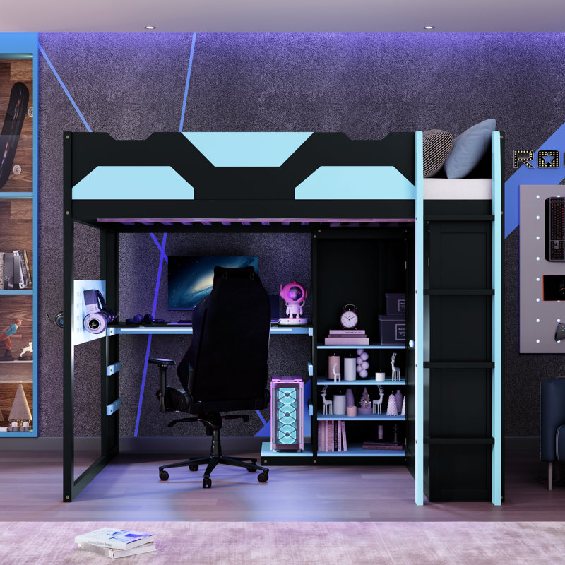Red Full Size Loft Bed With Gaming Desk, Strip, Charging, And Space - Saving Storage For A Small Bedroom Compact Living Area