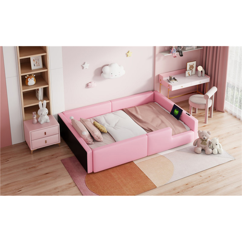 Lit plateforme tapissier simple avec garde-corps et station de charge, rose