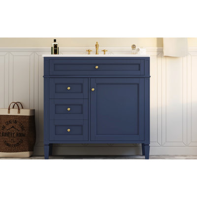Meuble-lavabo de salle de bain bleu 36 po avec lavabo 36 po, 2 tiroirs et étagères efficaces, armoire supérieure en céramique Modern Elegance, capacité accrue, design avant-gardiste
