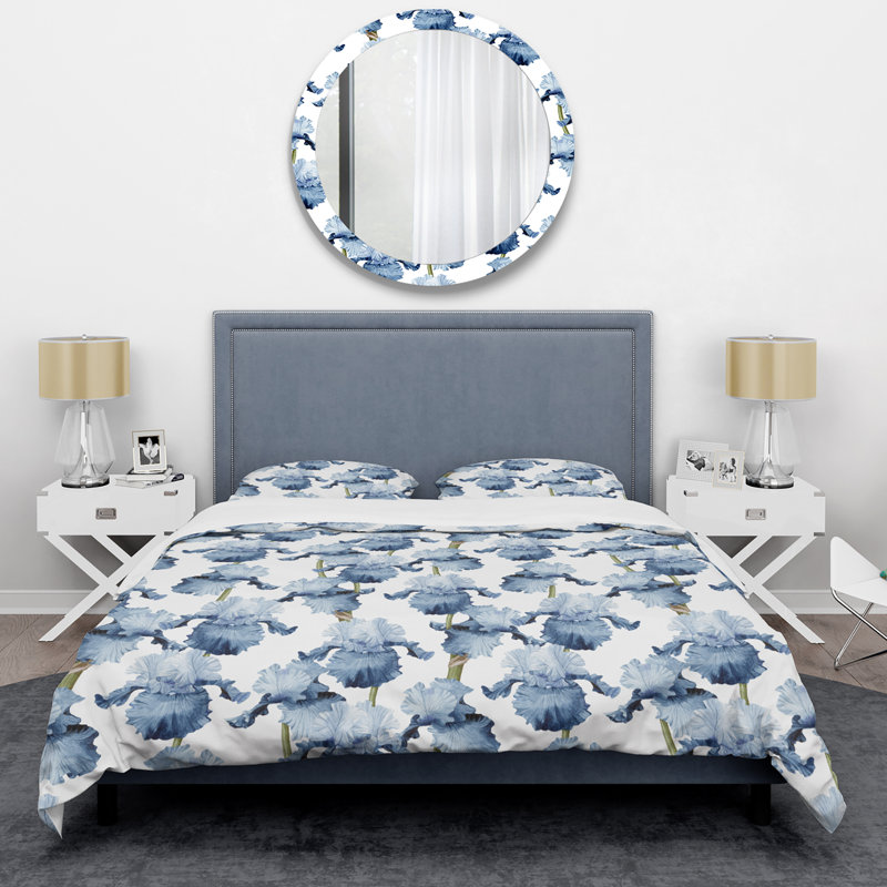 Blue Iris Flowers Floral Duvet Cover, King Duvet Cover + 2 King Shams