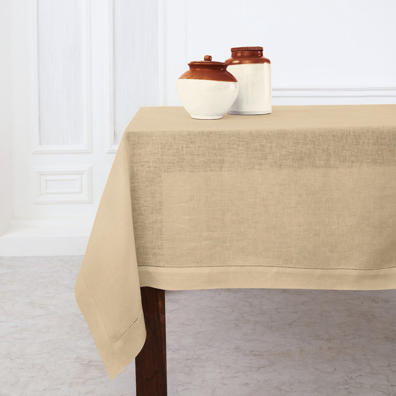 100% Pure Linen Hemstitch Table Cloth - Classic Hemstitch, Beige, 90" x 60"