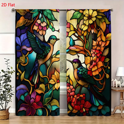 2 Piece Stained Glass Style Window Curtains Colorful Hummingbird And Floral Print Drapery Set Decorative Home Decor Panels For Living Room Bedroom Kitchen Window Treatments