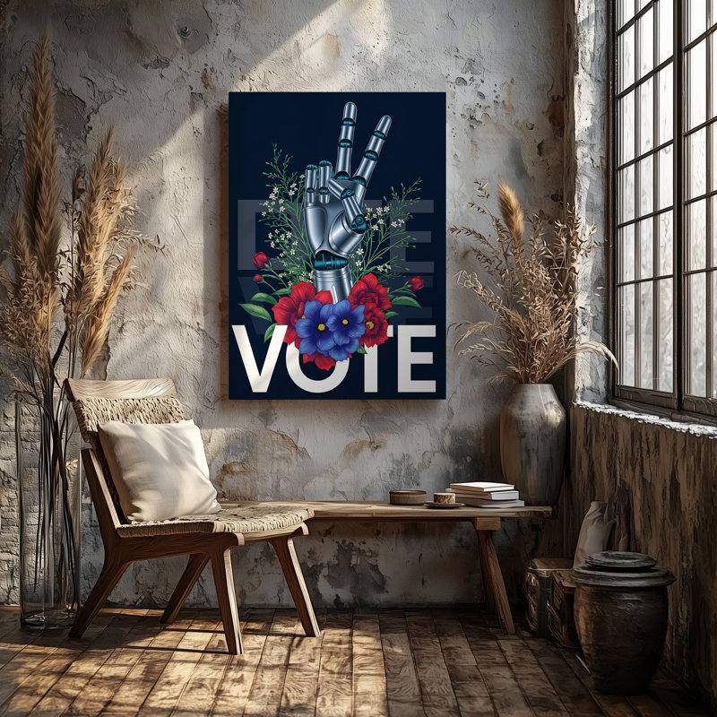 La toile crée une illustration avec une main stylisée faisant un signe d'art de la paix rendu dans un style métallique élégant avec un art mural sur toile complexe