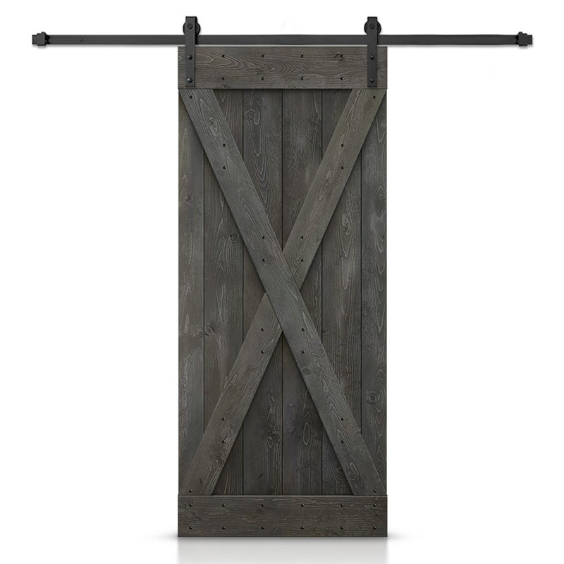 Porte de grange à panneaux et en bois avec quincaillerie d'installation, 22 po x 84 po, Gris carbone, Noir mat