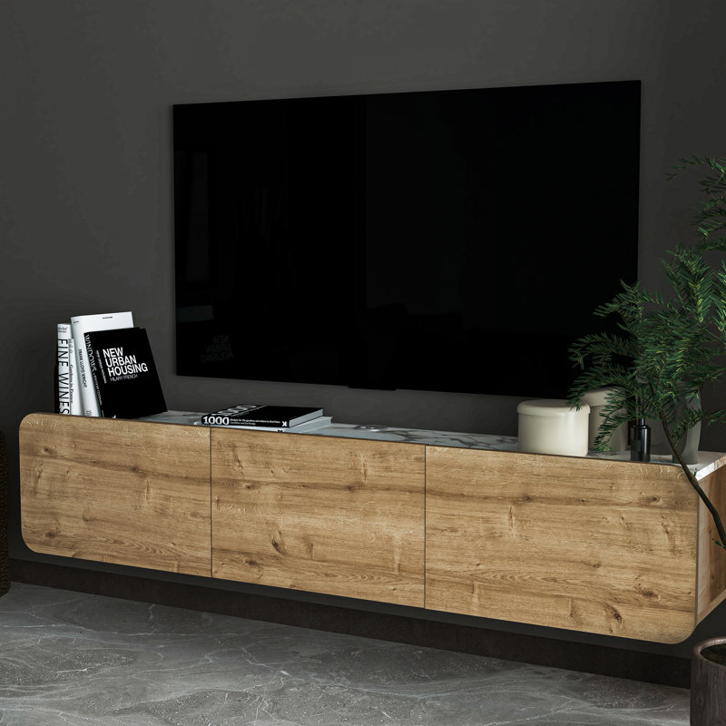 Bertice Floating Tv Unit For Tvs Up To 80", Oak Wood/White Marble