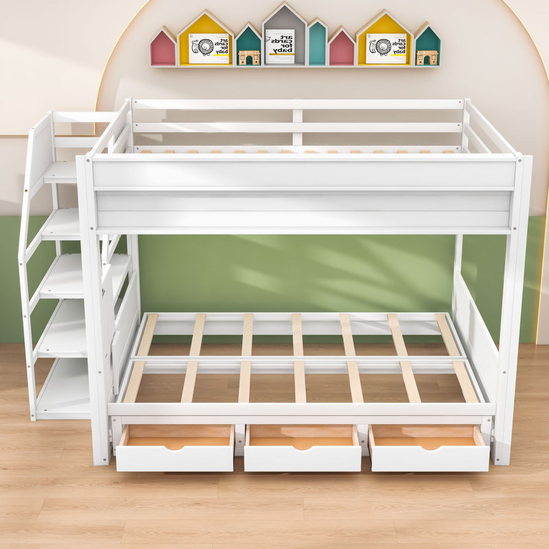 Lit superposé double au-dessus de double avec escalier de rangement Kertina, Blanc