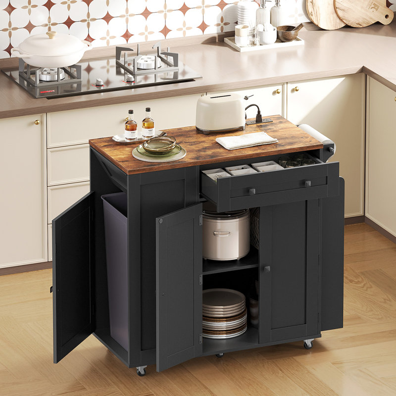 Kamey 35.4" Rolling Kitchen Island with Trash Cabinet and Charging Station,Wheels Drawer Cabinet for 10 Gallon Garbage Bin