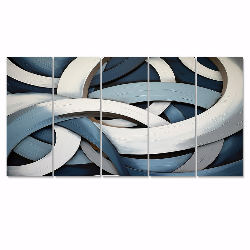 «Blue and White Whirling Rings I», art mural abstrait sur toile, 5 pièces, H 32 po x l 80 po
