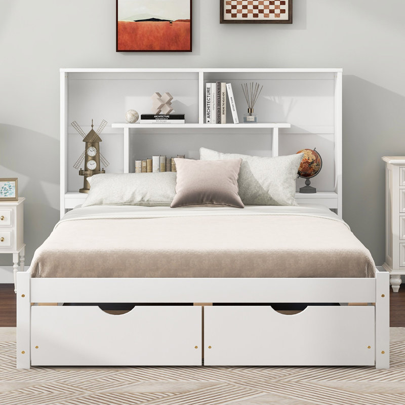 Wood Platform Bed With Storage Headboard, Full, White