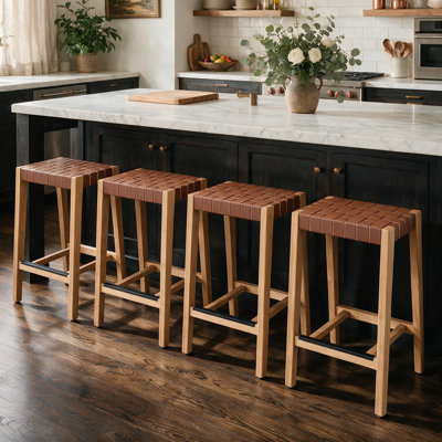 Solid Wood Backless Counter Stool - Woven Faux Leather Strap Seat with Brass Rivets & Metal Footrest Plate for Kitchen & Counter
