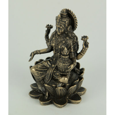 Khiry Traditional Lakshmi Hindu goddess on lotus cold-cast bronze resin statue with felted bottom — 3.25 by 2 by 2 inches