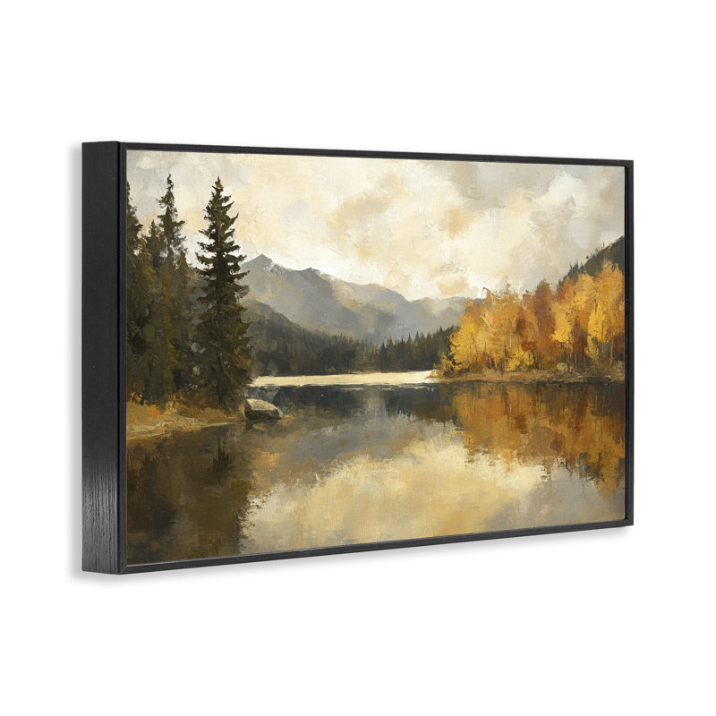 «Peaceful Autumn River Scenery», estampe numérique par Petal Prints Design, H 12 po x l 18 po, Giclée encadrée noir minuit