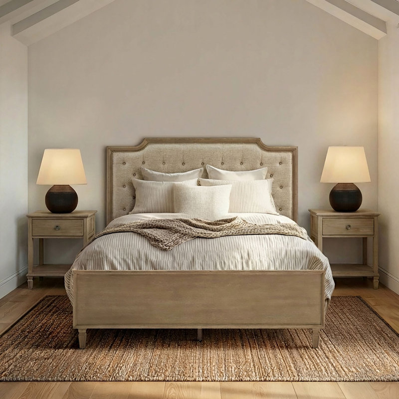 Victoria Natural Queen Wood Bed with Upholstered Headboard and Built-In Storage Drawer