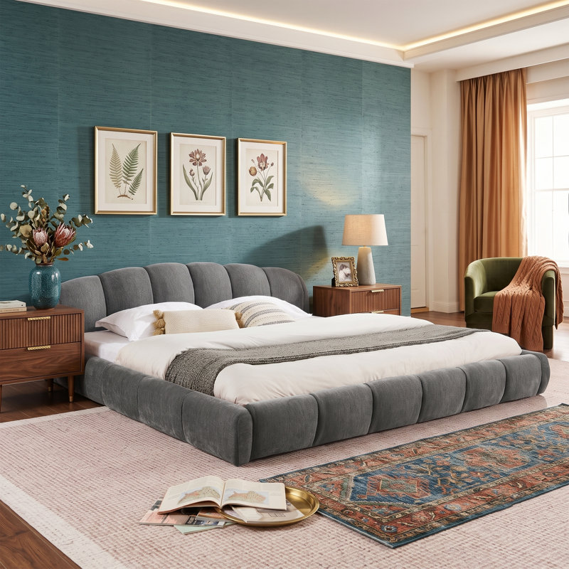 Lit plateforme en chenille avec tête de lit courbée et pied de lit enveloppé, Très grand lit, Gris foncé