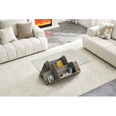 Table basse 1 pièce - Conception moderne à plusieurs rangements avec plateau en verre trempé et bois sculpté au couteau