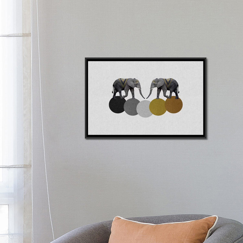 « tribal éléphants », impression sur toile, H 18 po x l 26 po x P 1,5 po, Toile avec cadre noir, Pas de tapis