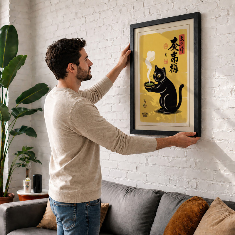 Lucky Cat Lantern Japandi - Print, Black, A4 - 29.7 x 21.0 cm