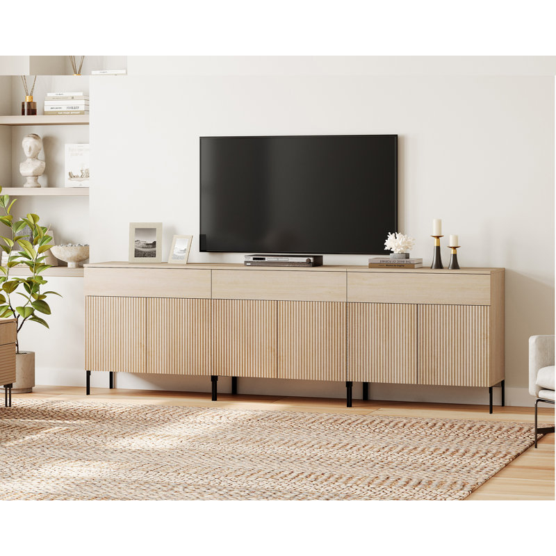 94.5" Modern Reeded TV Stand With Doors, Entertainment Center With Shelf, Wooden Media Console With Drawers For Living Room