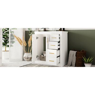 30'' Bathroom Vanity With Ceramic Sink, Solid Wood Frame, Soft - Closing Hinges, , 3 Drawers, Ample Storage, Unique Groove Pattern, Smooth Drawer Slide, Retro Style Boards, Exquisite Metal Handles,