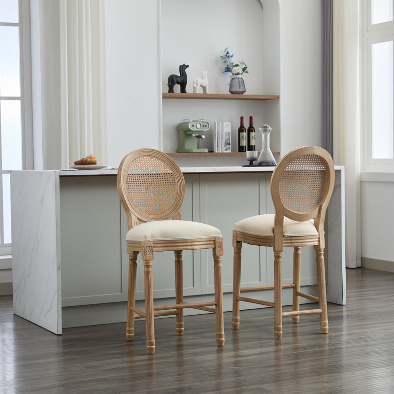 Ensemble de 2 tabourets de bar en bois massif avec assise rembourrée et dossier en filet de rotin, idéal pour la cuisine et le comptoir de bar