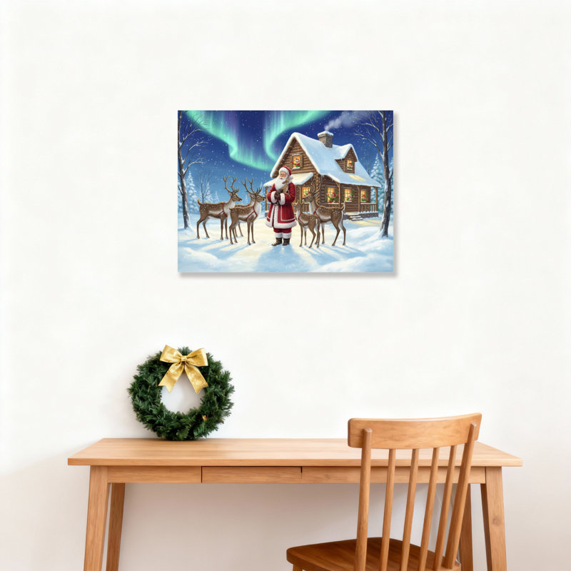 Santa Reindeer Cabin Canvas Wall Art, 16" H x 24" W