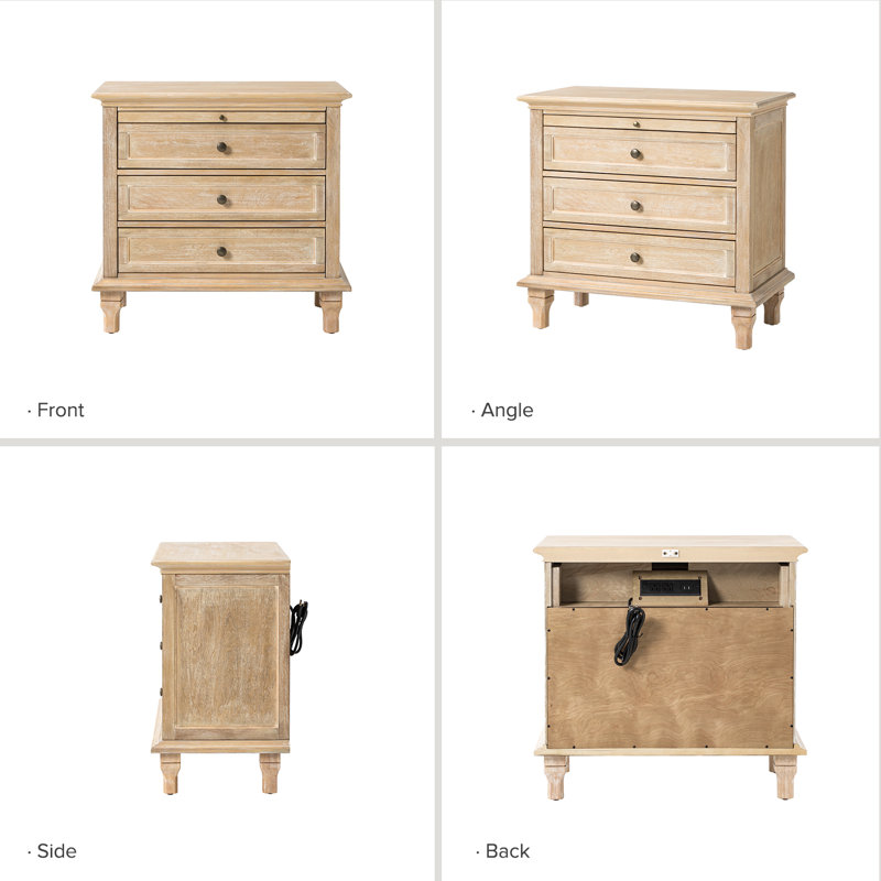 Arthelia Traditional 3-Drawers Nightstand with Built-in Charging Station and Pull-out Shelf