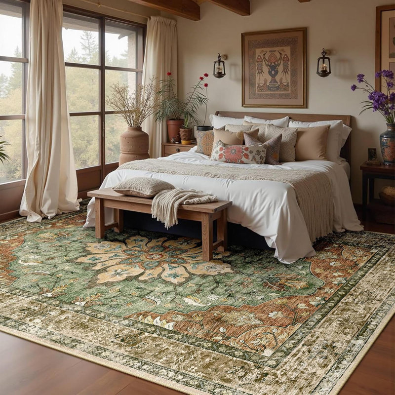 Area Rugs Washable Non Slip Floral Vintage Distress Print Pattern Medallion Carpet For Living Room Bedroom Dining Room Brick Rust Neutral Burnt