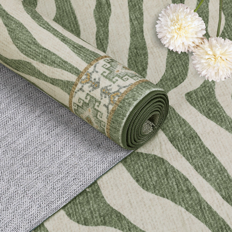 Area Rug Washable Rug Vintage Non Slip Rug Foldable Stain Resistant Boho Carpet for Bedroom Home Office Kids Room, Green