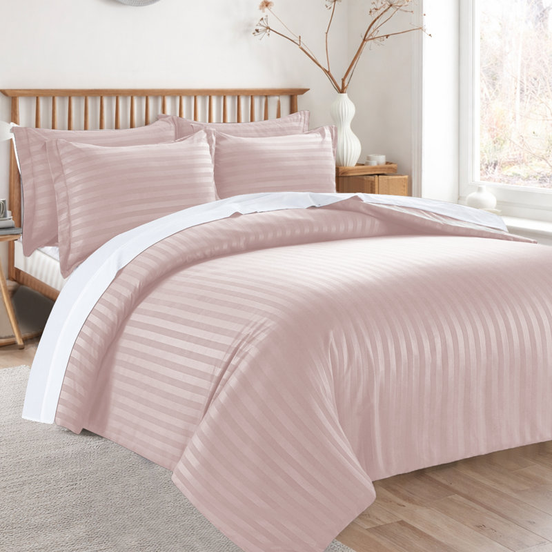 Microfiber 250 TC Reversible Stripe Duvet Cover Set with Pillowcases, Super King Duvet Cover + 2 Standard Pillowcases, Peach