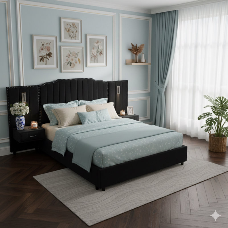 Queen Size Upholstered Bed Frame With Velvet Fabric, Vertical Stripe Design With Buttons Around Platform Bed With Headboard, Solid Frame & Bedside Table - No Box Spring Needed-Black