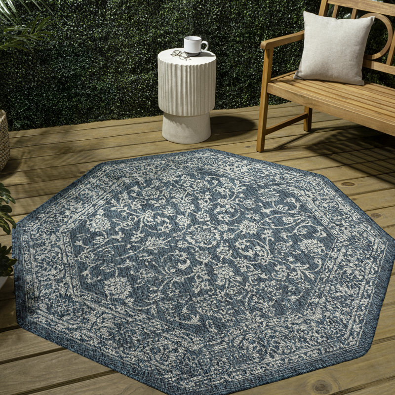 Leonora Bohemian Textured Weave Floral Teal/Gray Indoor/Outdoor Rug, Octagon 5'3"