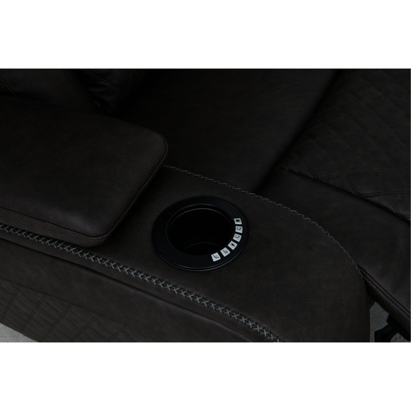 Fauteuil inclinable électrique 3 places en microfibre gris foncé, avec tablette rabattable, console, sans fil, éclairage DEL, coussins fermes, structure interne en bois, 2 ports d'inclinaison, accoudoirs rembourrés.