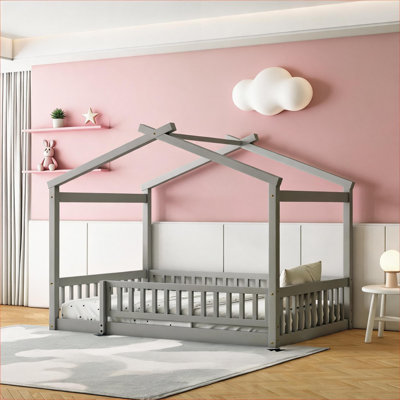 Neutral Gray Full Size Solid Wood Classic Modern House Bed Frame with Fence for Kids and Teens