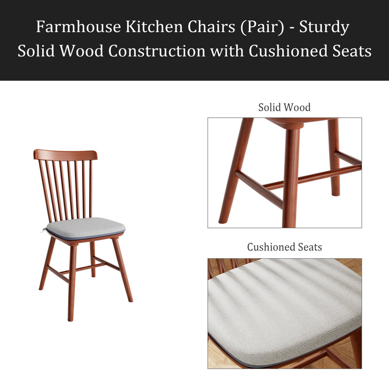 Chaises de cuisine de style campagnard (paire) - Fabrication en bois massif robuste avec sièges rembourrés, dossier moderne Windsor