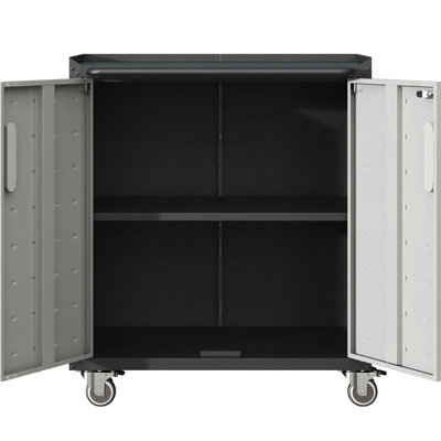 Metal Garage Storage Cabinet On Wheels - Rust & Scratch . Adjustable Interior Space, Lockable. Black + Gray. 29.3"W X 16.86"D 34.46"H With Lockable Ample Space. Shelves,