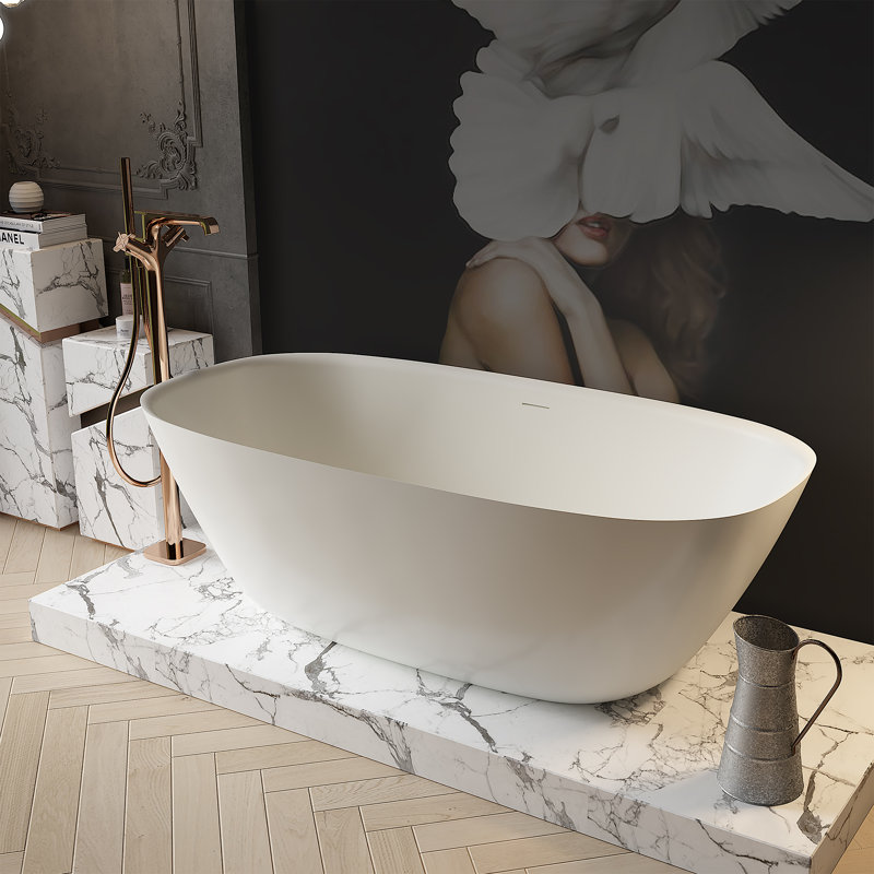 59 in. x 33 in. Stone Resin Solid Surface Freestanding Flatbottom Soaking Bathtub in Matte White, 59"H x 33"W