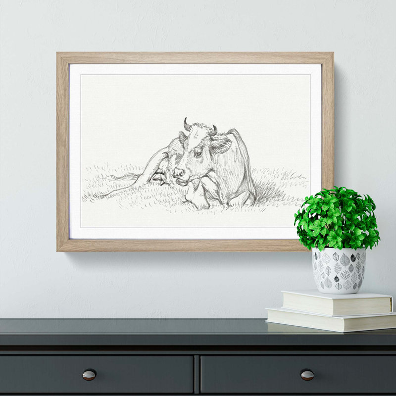 Sketch of a Resting Cow by Jean Bernard - Picture Frame Drawing Print, 36cm H x 48cm W x 2cm D, Oak Framed