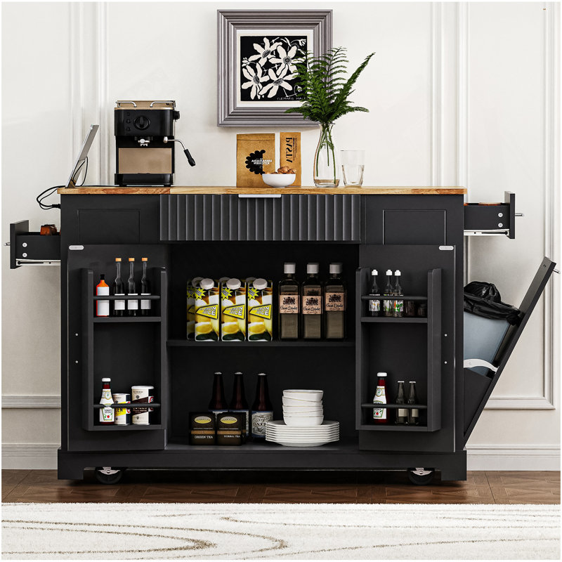 Îlot de cuisine cannelé avec armoire de rangement pour poubelle, prise de courant, support de rangement interne, îlots de cuisine roulants sur 5 roues avec 3 tiroirs, 3 supports latéraux ouverts pour poubelle de 10 gallons, noir